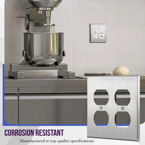 Double Duplex Receptacle Metal Wall Plate In Stainless Steel Corrosion Resistant 2-Gang 4.50 x 4.57 Inches in kitchen