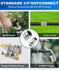 Must Have Heavy Duty Quick Connect Hose Fittings Three Quarter Inch GHT Garden Hose Set Stainless Steel Water Fittings Two Pack Corrosion Resistant Weatherproof For Easy Leak Free Connections with spray nozzle application.
