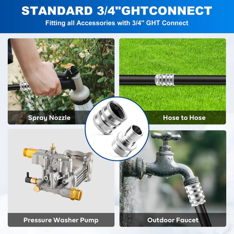 Must Have Heavy Duty Quick Connect Hose Fittings Three Quarter Inch GHT Garden Hose Set Stainless Steel Water Fittings Two Pack Corrosion Resistant Weatherproof For Easy Leak Free Connections with spray nozzle application.