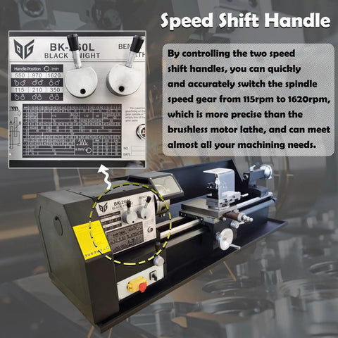 Speed shift handle of No Sweat Heavy Duty Metal Bench Lathe With Muscle Bound High Torque Motor And MT4 Spindle for precise turning.