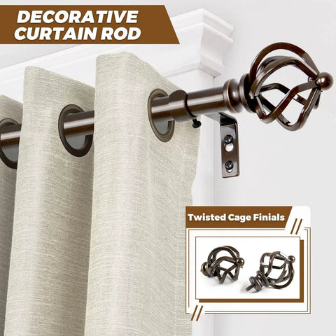 Bronze Curtain Rod Set With Adjustable Range From 32 To 58 Inches, featuring twisted cage finials on beige drapery.