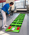 Golfer using Golf Putting Mat With Visible Trajectory Tracing, Alignment Mirror, And Adjustable Slopes For Indoor And Outdoor Practice