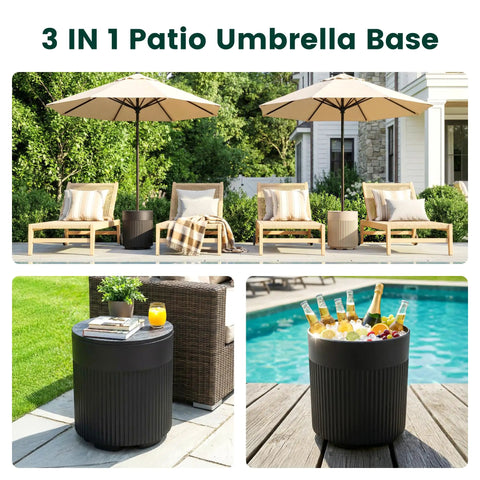 Tough As Nails 90lb water filled patio umbrella base with built-in ice cooler 3 in 1 outdoor table poolside deck and garden black