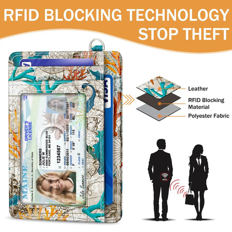 Sea Turtle RFID Credit Card Holder Wallet For Women Ultra Slim Front Pocket Card Case with ID window and RFID blocking layers.