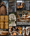 Collection of wood carvings including faces, animals, and intricate structures, showcasing diverse wood sculpture artistry.