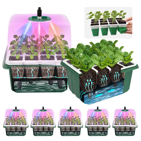Self Watering Seed Starter Tray With 8 LED Grow Light Reusable 60 Cell Germination Kit With Humidity Dome Silicone Seedling Trays