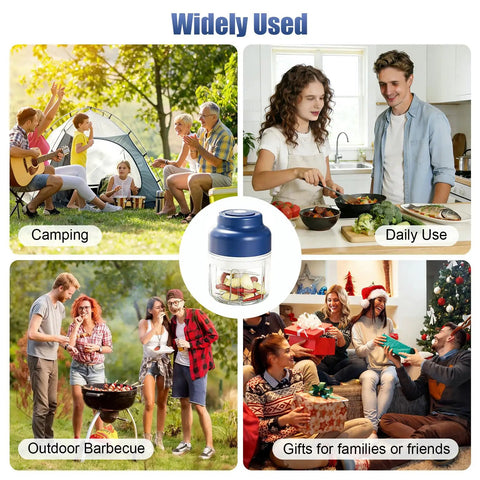 Upgrade Electric Garlic Chopper With Six Stainless Steel Blades Portable Mini Food Processor For Mashing Onions Chili And Meat Cordless Usb Rechargeable Wireless Design Perfect For Outdoor Barbecue Or Home Kitchen Tasks among people cooking outdoors and celebrating.