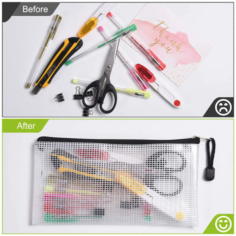 Six Pack Plastic Zipper Pencil Pouches Set Waterproof And Tear Resistant Document Folders A6 Size Zipper Pouches With 24 Blank Notes Handy Document Organizer Bags For School Office Home And Travel Storage showing contents organized in a clear pouch.