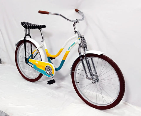 Bicycle with chrome springer fork, 26 inch wheels, dual spring suspension, cruiser chopper style, fits disc brakes, chrome finish.