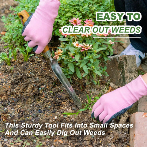 Gardener using Pro Grade Seeding Widger With 6 Inch Scale, Stainless Steel Planting Trowel for weeding in a flower bed
