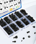 Mega 507 Piece All In One Pro Grade Computer Screw Kit for DIY Builds and Repairs in open box showing screws and standoffs.