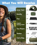 Go To Family Size Four Person Camping Tent components with carrying bag, poles, and accessories, woman hiking in background