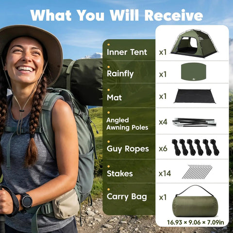 Go To Family Size Four Person Camping Tent components with carrying bag, poles, and accessories, woman hiking in background