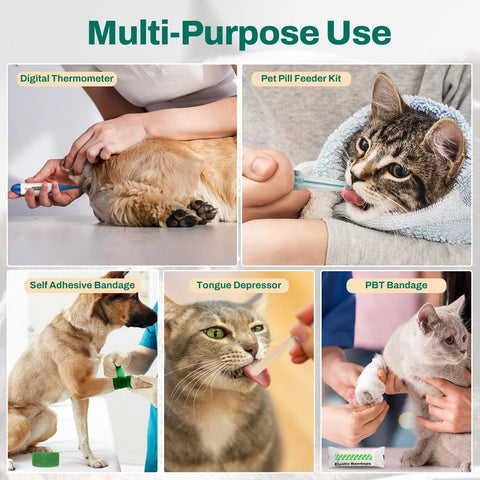 RHINO RESCUE Pet First Aid Kit collage with thermometer, pill feeder, self-adhesive bandage, tongue depressor, PBT bandage