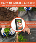 Heavy Duty Weed Barrier Landscape Fabric 3 Foot By 100 Foot Premium Permeable 3.2 Ounce Ground Cover For Gardening And Farming With 20 U Shaped Pegs Weed Control Mat being used for planting, cutting, and securing in garden.