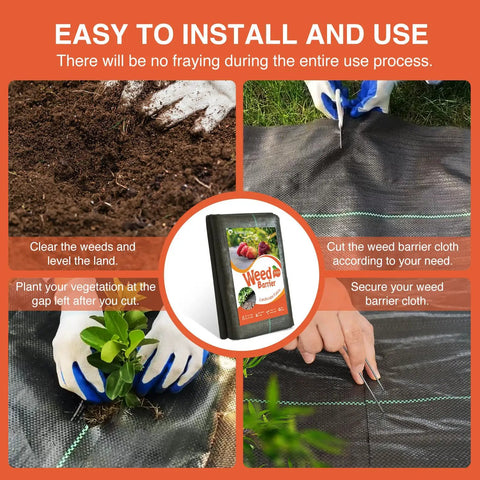 Heavy Duty Weed Barrier Landscape Fabric 3 Foot By 100 Foot Premium Permeable 3.2 Ounce Ground Cover For Gardening And Farming With 20 U Shaped Pegs Weed Control Mat being used for planting, cutting, and securing in garden.