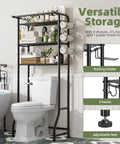 Over The Toilet Storage Cabinet Three Tier Metal Bathroom Shelf Organizer With Paper Holder And Hooks Black Finish space saver