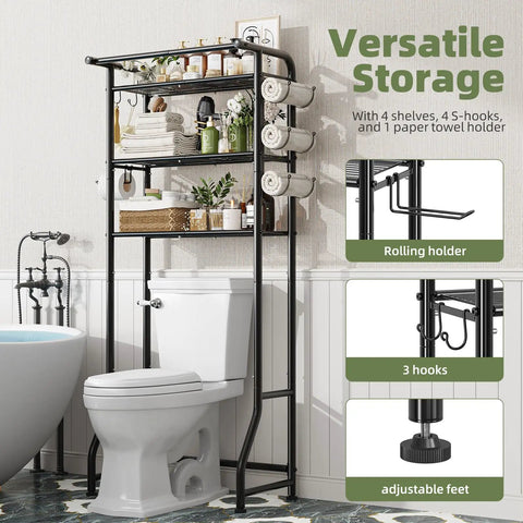Over The Toilet Storage Cabinet Three Tier Metal Bathroom Shelf Organizer With Paper Holder And Hooks Black Finish space saver