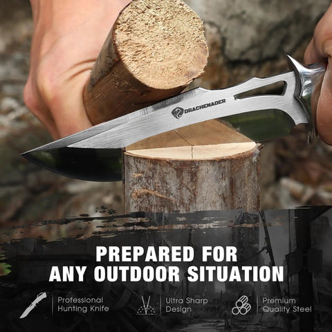 M390 Fixed Blade Hunting Knife With Leather Sheath shown cutting wood in outdoor setting.