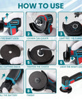 Steps showing how to use Cordless 3 Inch Angle Grinder With 12V Brushless Motor Portable Cutoff Tool Kit Including Two Batteries And Charger