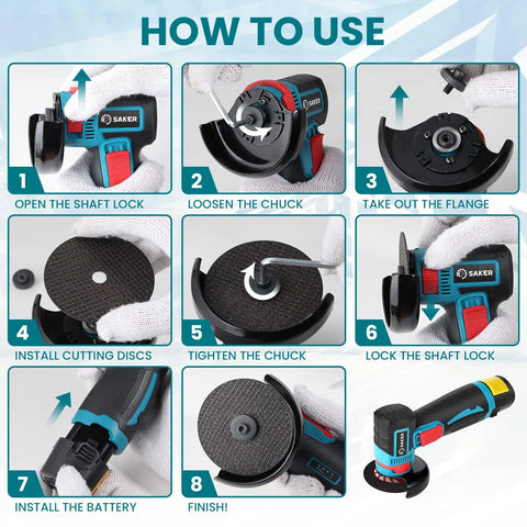 Steps showing how to use Cordless 3 Inch Angle Grinder With 12V Brushless Motor Portable Cutoff Tool Kit Including Two Batteries And Charger