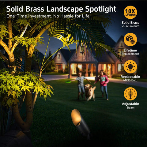 Brass Outdoor Landscape Spotlight Kit illuminating trees and house, 12V wired LED uplights, antique bronze, IP65, solid brass.