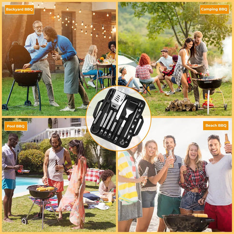 All In One Grill Tools Set 15 Pcs Stainless Steel BBQ Accessories Kit With Portable Carry Bag shown in diverse grilling scenes