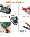 Soft Silicone Electrician Test Leads Kit Pro Grade showing test probe, alligator clips, mini-hooks, extension lead, CAT III 1000V CAT IV 600V