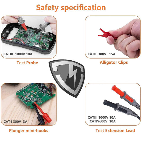 Soft Silicone Electrician Test Leads Kit Pro Grade showing test probe, alligator clips, mini-hooks, extension lead, CAT III 1000V CAT IV 600V