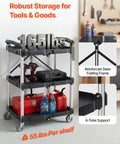 Foldable Utility Service Cart With 3 Shelves Heavy Duty Plastic Rolling Cart Holds 165 Lbs with tools and supplies
