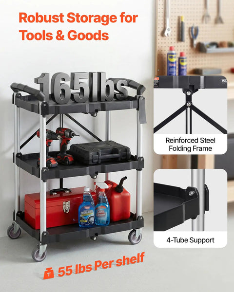 Foldable Utility Service Cart With 3 Shelves Heavy Duty Plastic Rolling Cart Holds 165 Lbs with tools and supplies