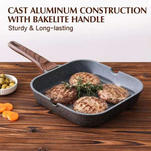 Nonstick Grill Pan with Pour Spouts, 9.5-Inch Square Griddle, cooking burgers on wooden table, durable skillet, PFOA free