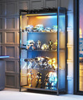 Four Tier Freestanding Glass Display Cabinet With Smart RGB LED Lighting And Handy App Control Featuring Dynamic Color Changing Effects And Music Sync Vibe To Flaunt Your Prized Collection With That Swoon Worthy Flex showing collectibles with LED lights on a display shelf.