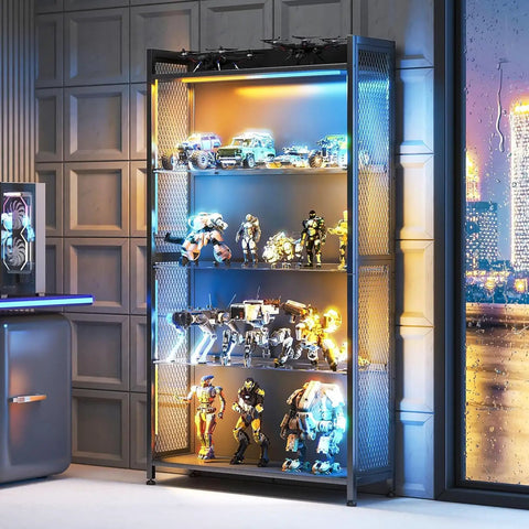 Four Tier Freestanding Glass Display Cabinet With Smart RGB LED Lighting And Handy App Control Featuring Dynamic Color Changing Effects And Music Sync Vibe To Flaunt Your Prized Collection With That Swoon Worthy Flex showing collectibles with LED lights on a display shelf.