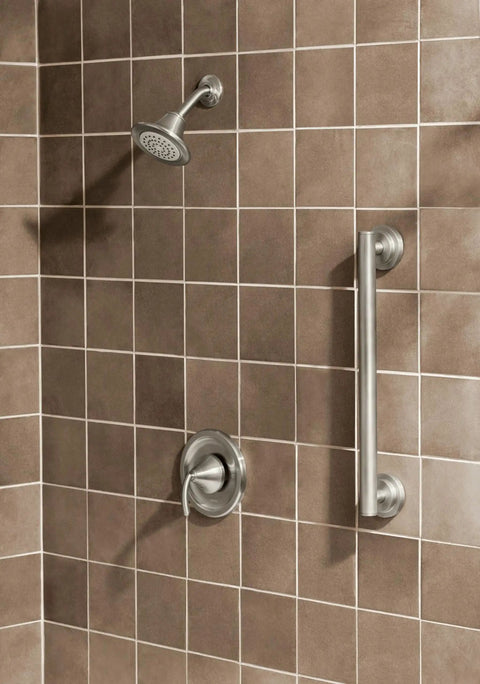 12 Inch Stainless Steel Bathroom Grab Bar With Brushed Nickel Finish, ADA Compliant Safety Bar, Non Slip Grip Pad Installed in Shower