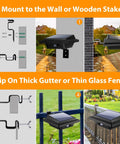 Installation guide for Solar Outdoor Lights With Motion Sensor 25 LED Waterproof Wall Fence Step Deck Lighting, wall and gutter mounts visible.