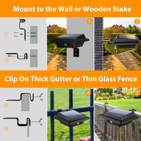 Installation guide for Solar Outdoor Lights With Motion Sensor 25 LED Waterproof Wall Fence Step Deck Lighting, wall and gutter mounts visible.