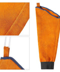 Heavy Duty Genuine Leather Welding Sleeves Tough As Nails That Lock In Comfort While Delivering Flame Resistant Arm Guard Coverage During Killer Grilling Tasks, close-up view of orange leather sleeve with adjustable band.