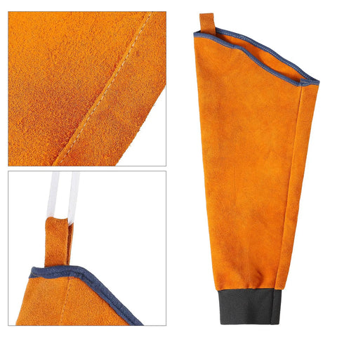 Heavy Duty Genuine Leather Welding Sleeves Tough As Nails That Lock In Comfort While Delivering Flame Resistant Arm Guard Coverage During Killer Grilling Tasks, close-up view of orange leather sleeve with adjustable band.