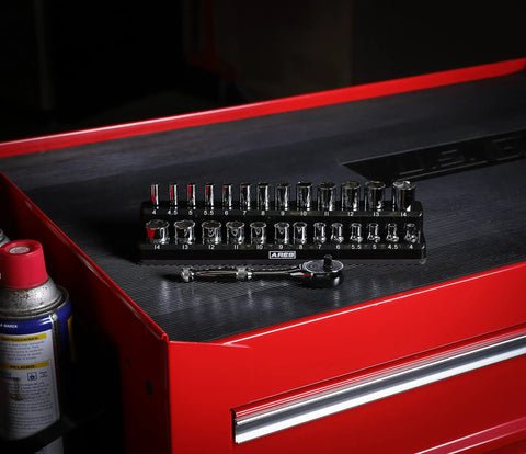 1/4-Inch Drive Metric Socket Set With 90-Tooth Ratchet And Magnetic Organizer, 28-Piece Deep And Shallow Sockets From 4mm To 14mm on toolbox