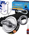 VNDUEEY fishing magnet kit with 760 lb magnet, 2.36-inch diameter, 65ft rope, grappling hook, carabiner, and gloves (front view).