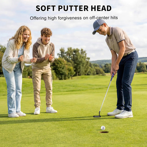 Adult golfer putting in a field using Junior Edition Kids Putter 24 Inch Right Handed With Soft Grip And Alignment Line Black Orange.
