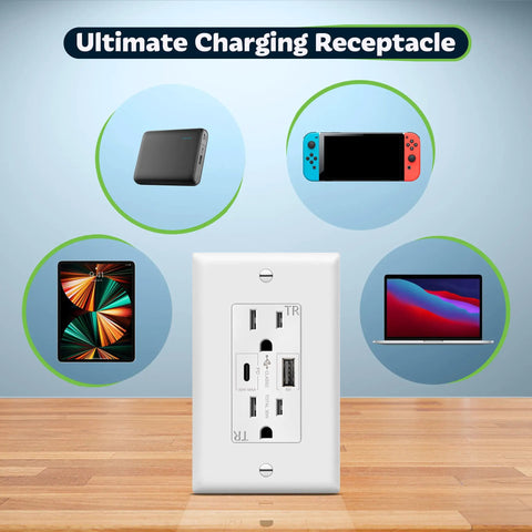 USB Outlet With Type A And Type C USB Ports, 5.8A Total Output, 15 Amp Tamper-Resistant Wall Receptacle with electronics