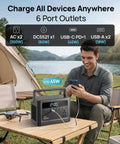 Portable Power Station 700W Surge, 230.4Wh LiFePO4 Battery, on table next to camper using phone, lakeside view.