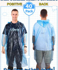 40 Pack Disposable Rain Ponchos For Adults With Drawstring Hood And Elastic Sleeves, front and back view, blue ponchos