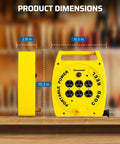 Side and front view of a yellow 30 Ft Retractable Extension Cord Reel with 4 Grounded Outlets on a wooden surface.