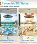 Outdoor Patio Ceiling Fan With Remote And App Control, 20 Inch, IP65 Waterproof, Six Speeds, Quiet DC Motor shown in forward and reverse mode