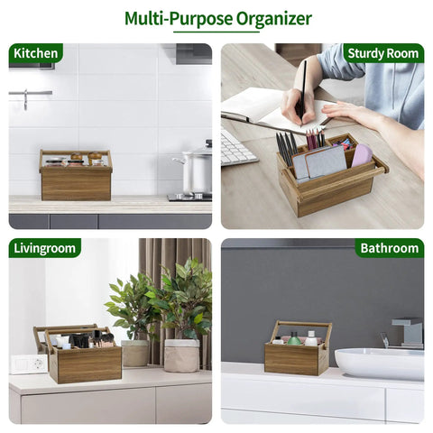 Acacia Wood Silverware Caddy With Handle, Multi Purpose Utensil Organizer for Kitchen, Office, Bathroom, Bedroom, Four Large Compartments