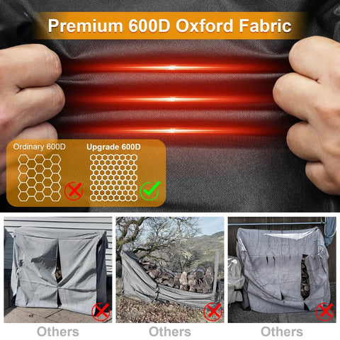Hands stretching 8-Foot Waterproof Firewood Rack Cover for Outdoor Wood Storage, showcasing heavy-duty tear-resistant 600D canvas.