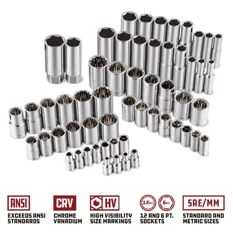 152 Piece Drive Mechanics Tool Set With 1/4, 3/8, And 1/2 Inch Sockets, SAE And Metric Socket Set, chrome vanadium sockets